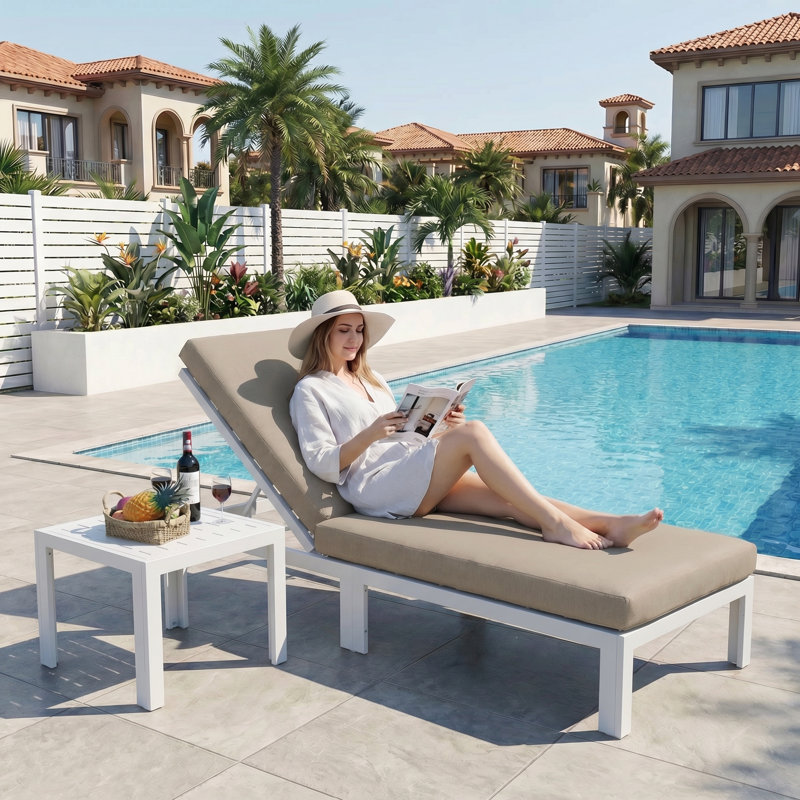 Outdoor Aluminum Chaise Lounge Chair with Side Table & Cushions, Rust-Resistant Adjustable Recliner for Patio, Pool, Deck