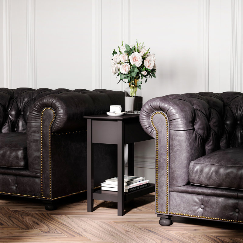 Table d'appoint rétro élégante avec plateau rabattable de couleur café foncé, meuble de rangement et tablette inférieure. Parfait pour un cinéma maison, un salon, un bureau, etc.