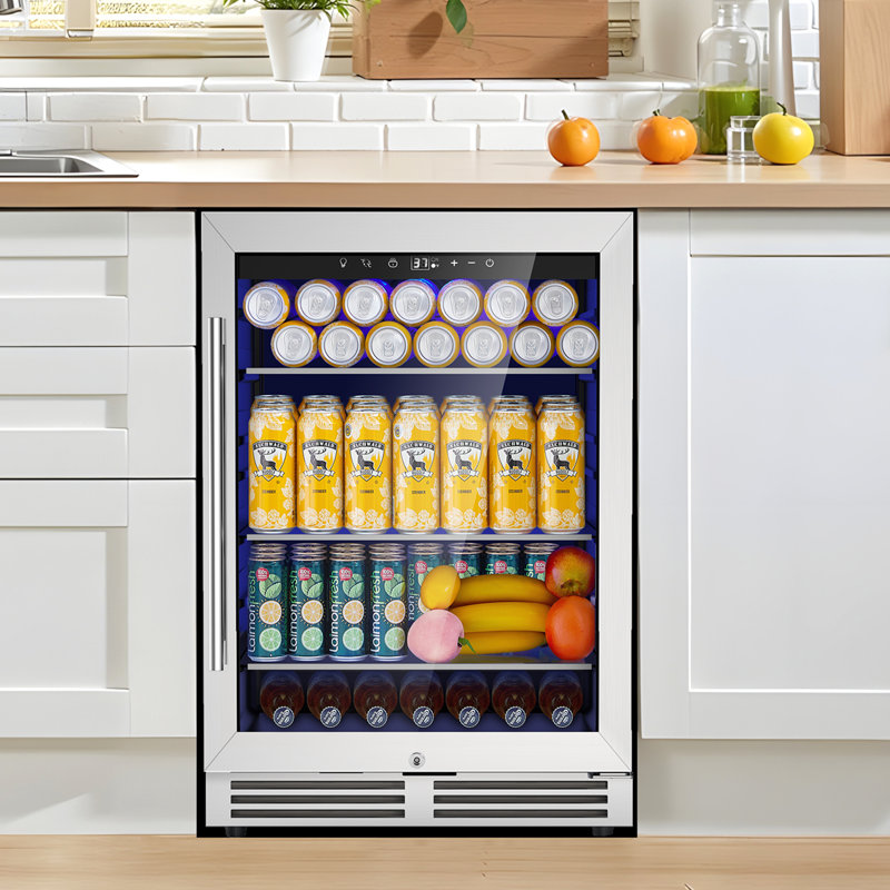 24" Beverage Refrigerator, 200-Can Capacity, Built-In/Freestanding, Glass Shelves, Dual Handle Options, Reversible Door & Safety Lock