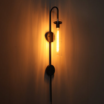 41 Inch Indoor Wall Sconce With Ribbed Glass Shade, E26 Base Modern Wall Lamp, Black & Clear Glass