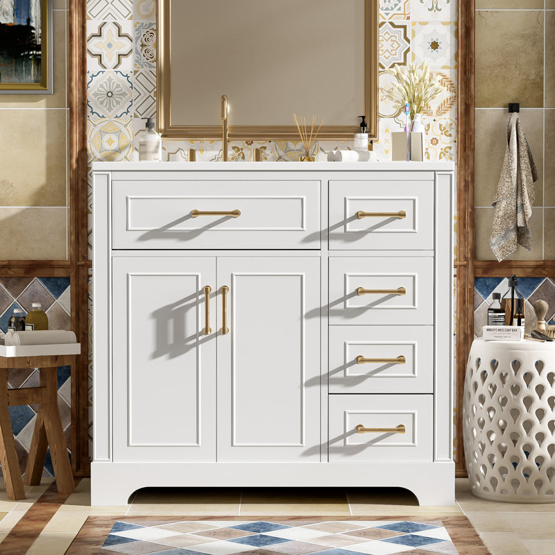 Meuble-lavabo de luxe 36 po avec lavabo en céramique, portes à fermeture douce, 4 tiroirs à fermeture douce et durable, 1 tablette réglable, structure moderne en bois massif