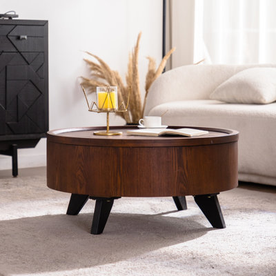 Round Coffee Table With Hidden Storage Removable Top,Modern Luxury Circle Drum Coffee Tables,Solid Wood Veneered Circle Center Table With Sturdy Pedestal For Living Room,Easy Assembly