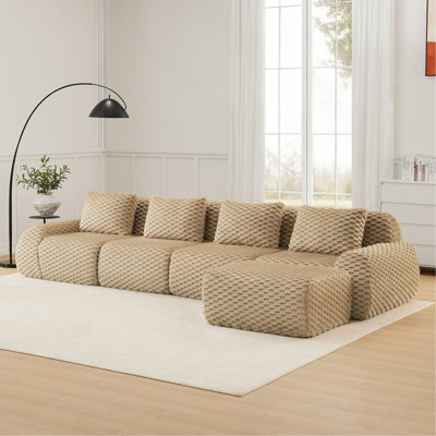 146" Modern L-Shaped Modular Sectional Sofa For Living Room,Flannelette Fabric,Oversized 4-Seater Couch,Deep Seat,Boneless Sofa,Movable Ottoman,Buckle Connection,Anti-Slip Design,No Assembly