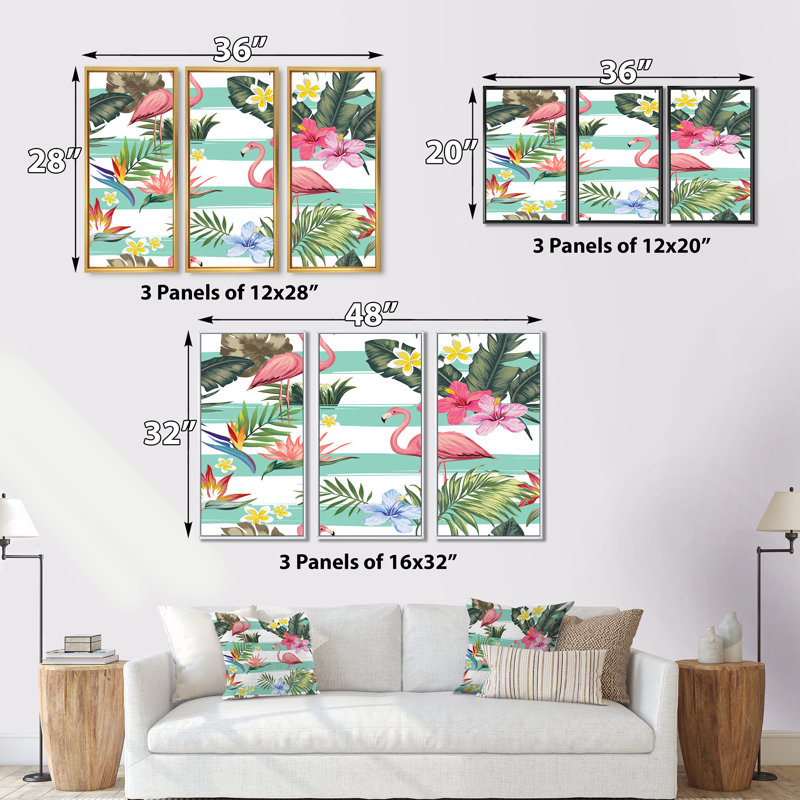 «Tropical Botanicals, Flowers and Flamingo», reproduction de cadre photo sur toile 3 pièces, H 20 po x l 36 po x P 1 po