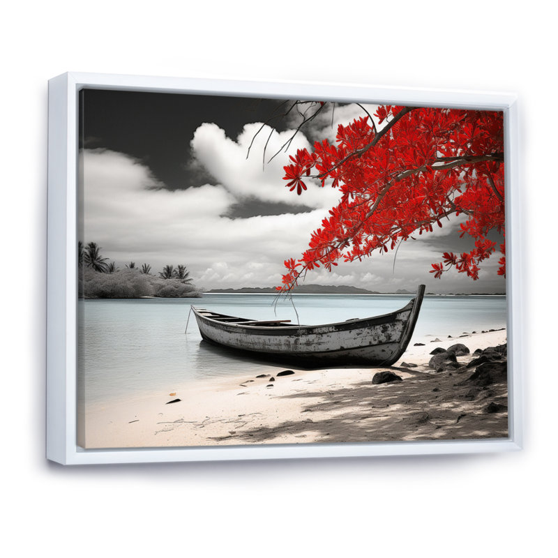 Hawaii Red And Grey Monochrome Boat I - Hawaii Wall Art Living Room, H 30 po x l 40 po x P 1,5 po, Cadre flottant blanc