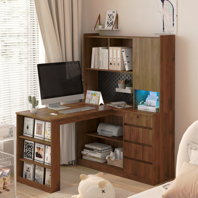 Bureau en L avec chargeur, bureau d'ordinateur avec tiroirs, bibliothèque, avec éclairage à DEL, bureau d'angle moderne, bureau à domicile, bureau d'écriture en L, bureau d'ordinateur de coin avec rangement
