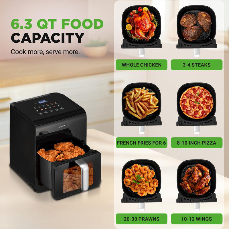 Nutrichef 6 Liter Electric Air Fryer & Food Steamer Function | 12-1 Preset Cooking Functions, Fries, Chicken, & More | Transparent Window & Food Steaming Option For Best Cooking Results | Black