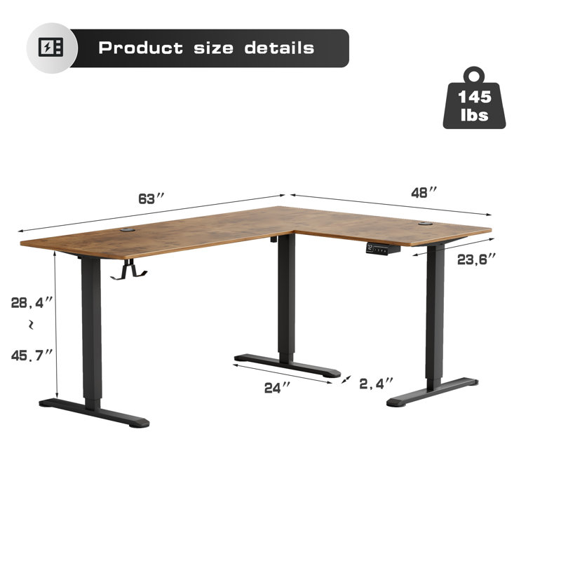 Bureau pour travailler debout en L 63 po, Brun / noir, H 45,7 po x l 63 po x P 48 po