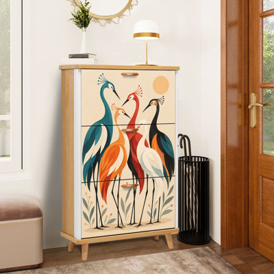 Shoe Storage Cabinet with 3 Flip Drawers Colorful Group Cranes Elegant Cranes Whimsical Designs Slim Standing Shoe Rack Organizer Narrow Hidden Wooden Cupboard for Entryway Hallway Foyer Closet Apartment Small Space