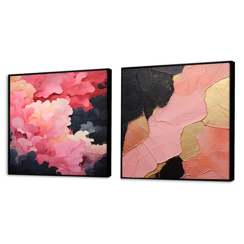 Minimalisme - Poteries roses - Collages abstraits, ensemble de 2 collages carrés, Cadre flottant noir, H 16 po x l 33 po