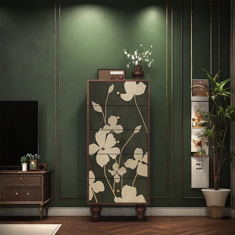 Armoire de rangement à cinq tiroirs en bois de pin, Noyer