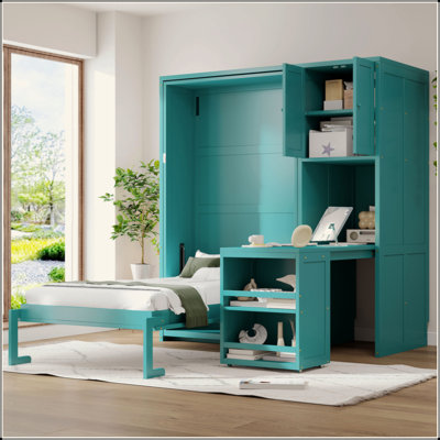 Lit escamotable mural rotatif avec bibliothèque, armoire supérieure, bureau extensible et rangement latéral