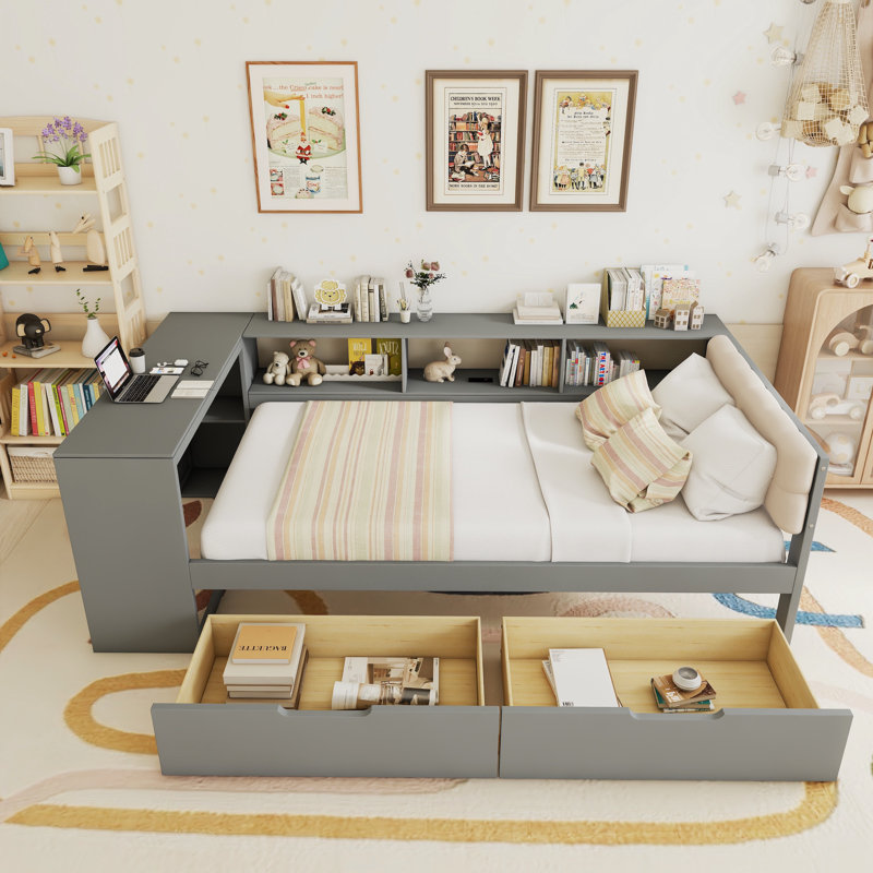 Lit plateforme avec tablettes de rangement, tiroirs, station de charge et tête de lit tapissier, Lit simple, Gris