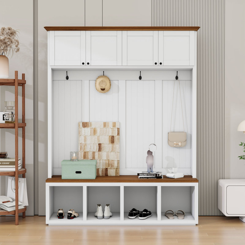 Hall Tree with Bench, Hooks and Storage Cabinets, White