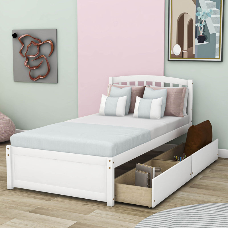 Twin Size 2 Drawers Platform Bed Frame with Headboard, White