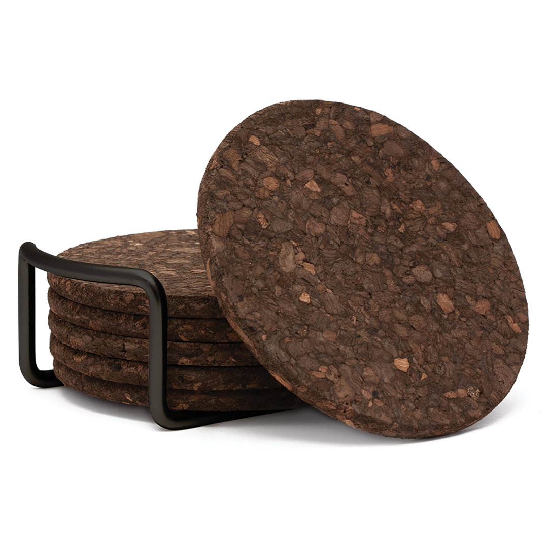 Dark Cork Coasters with Black Wrought Iron Coaster Holder Ebern Designs