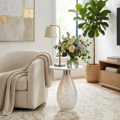 Side Table with Marble Top and Artistic Glass Base - Narrow Living Room End Table for Bedroom or Entryway - Contemporary Round Accent Furniture - White