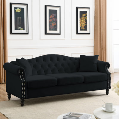 Velvet Chesterfield 3-Seater Sofa with Tufted Back Rolled Arms Nailhead Trim and Two Pillows