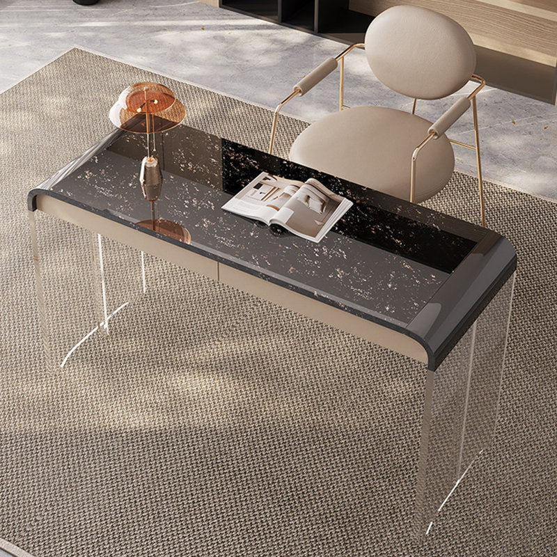 Bureau Platinum Diamond Natural Stone avec pieds en acrylique et placage de cuir, H 29,53 po x l 47,24 po x P 19,69 po