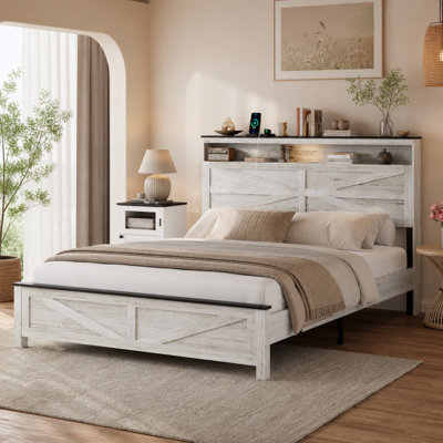 Full Size Wood Platform Bed Frame with LED Lights and Charging Station, White