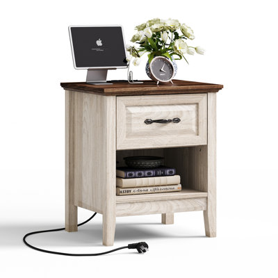 Anyah Farmhouse Nightstand with Charging Station and Storage, Bedside Table with Drawer