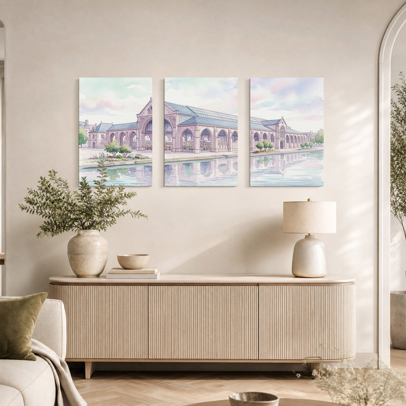 Ensemble de 3 toiles murales représentant un marché couvert avec des reflets sur le front de mer, 24"H x 16"W x 3pcs