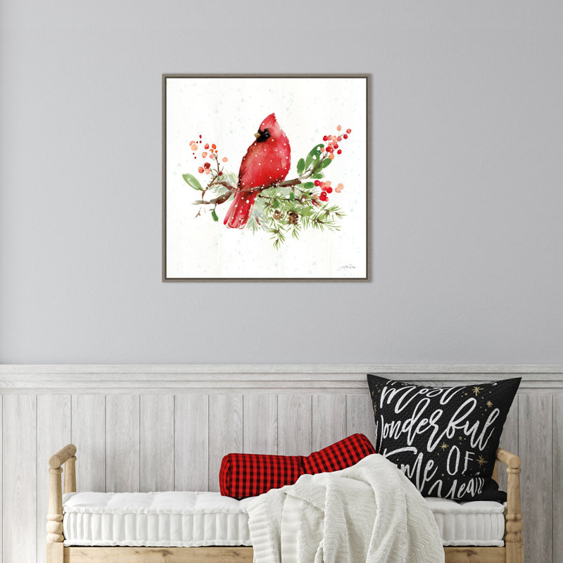 Red Bird and Greenery Christmas Canvas Wall Art in Grey Frame