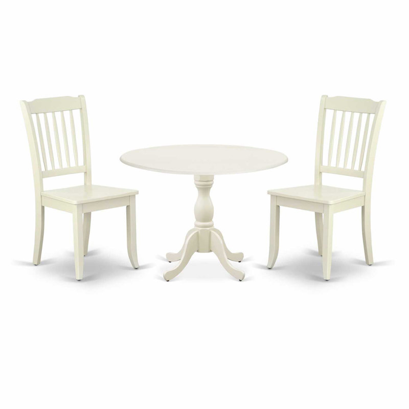L'ensemble de table de salle à manger 3 pièces pour petits espaces comprend une table de salle à manger ronde avec Dropleaf et 2 chaises en bois, 42 po x 42 po, lin blanc