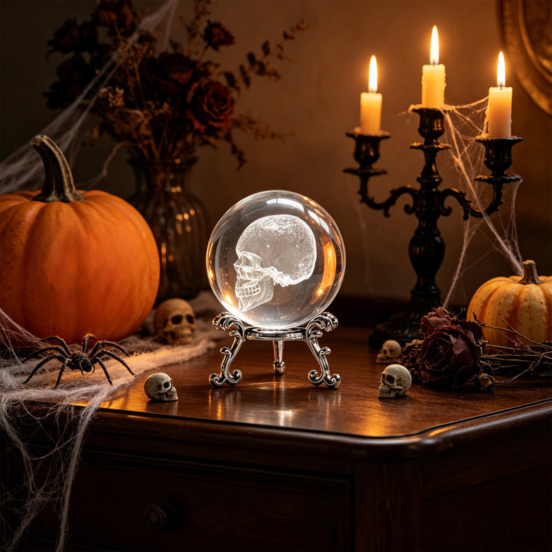Boule de cristal sculptée pour décoration d'Halloween, socle de bureau, ornement en cristal blanc, cadeau, A