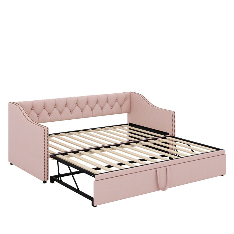 Lit de jour simple tapissier avec couchette escamotable, Rose