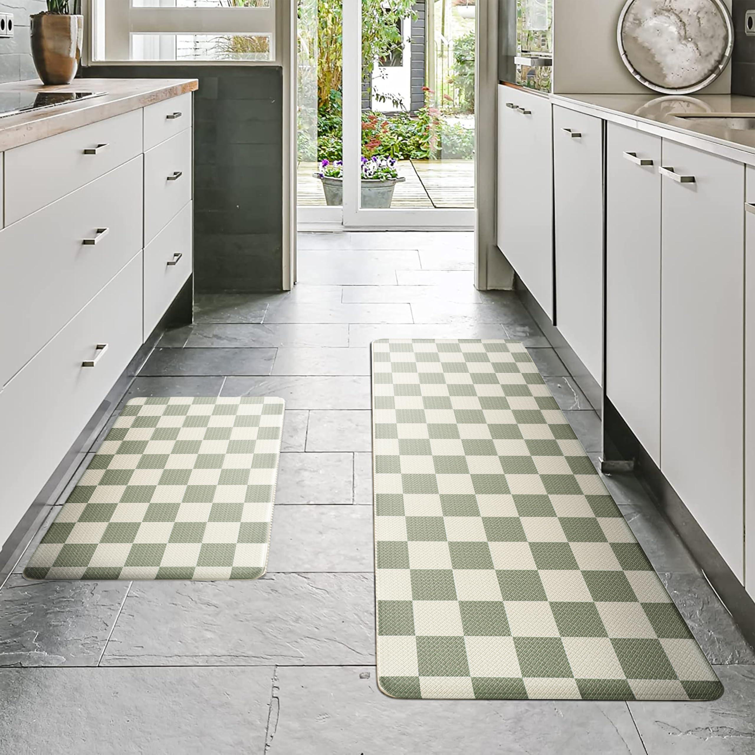 Latitude Run® Sage Checkered Grid Checkerboard Kitchen Rug,Anti-Fatigue, Waterproof Non-Slip Kitchen Mats Heavy Duty Comfort Foam Rug(2 Pcs) | Wayfair