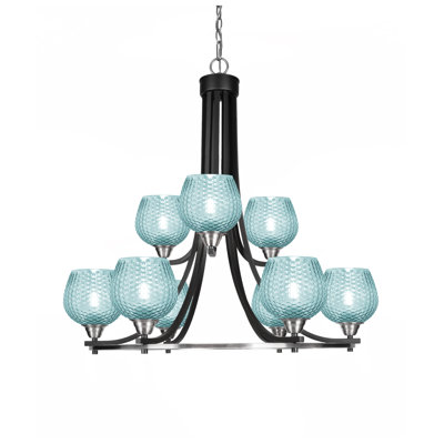 Lustre à 9 lumières en verre turquoise mat et noir brossé 6 po Mukkesh