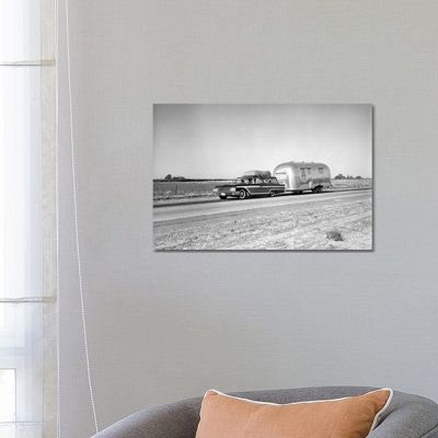 1960s-1970s Family Station Wagon And Camping Trailer Driving On Country Highway On Vacation - Wrapped Canvas Print