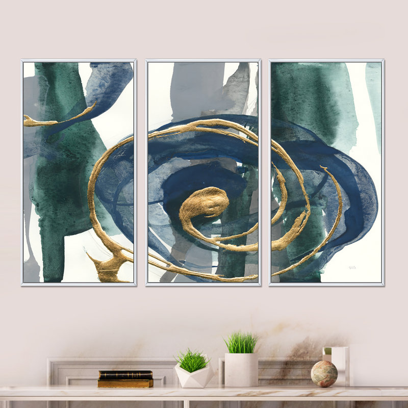 Mettalic indigo et or I - ensemble d'art mural sur toile encadré chic et luxueux de 3, H 32 po x l 48 po x P 1 po, Blanc