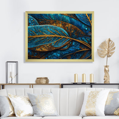 Kalypso, bleu et or, mélodie de Boho I - art mural plume Boho