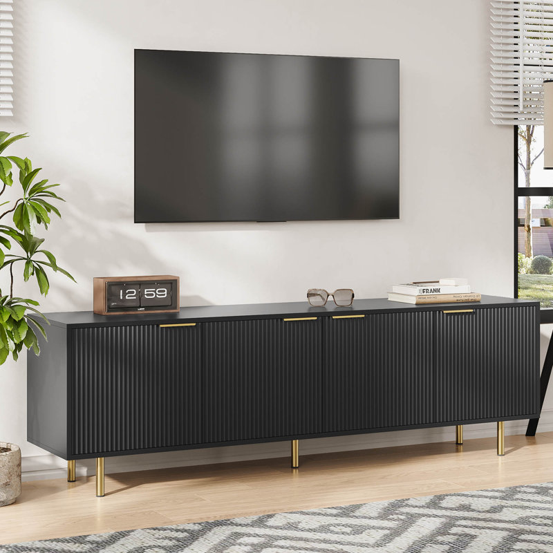 Avalie TV Stand for TVs Up to 75", Media TV Console Table with Striped Door, 3 Storage Cabinets, Black