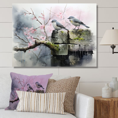 «Gray and Pink Spring Songbirds Blooms», art mural paysage
