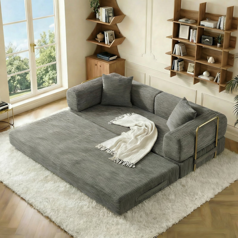 78.7-inch King Size Convertible Sofa Bed With Two Pillows, Corduroy Folding Sofa Bed Mattress, Removable And Washable, For Small Living Room Space.