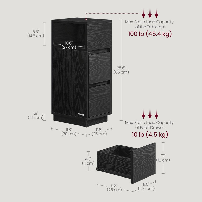 30cm W Manufactured Wood Bedside Table, Black