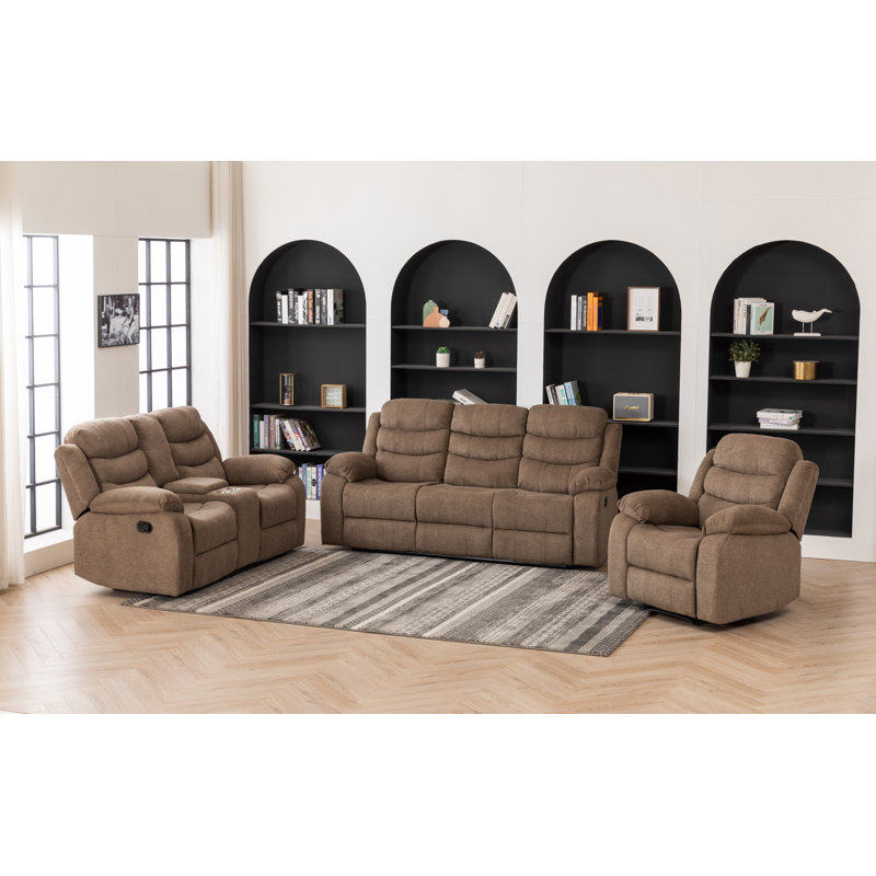 Ensemble de salon inclinable manuel 3 pièces avec porte-gobelets, Brun