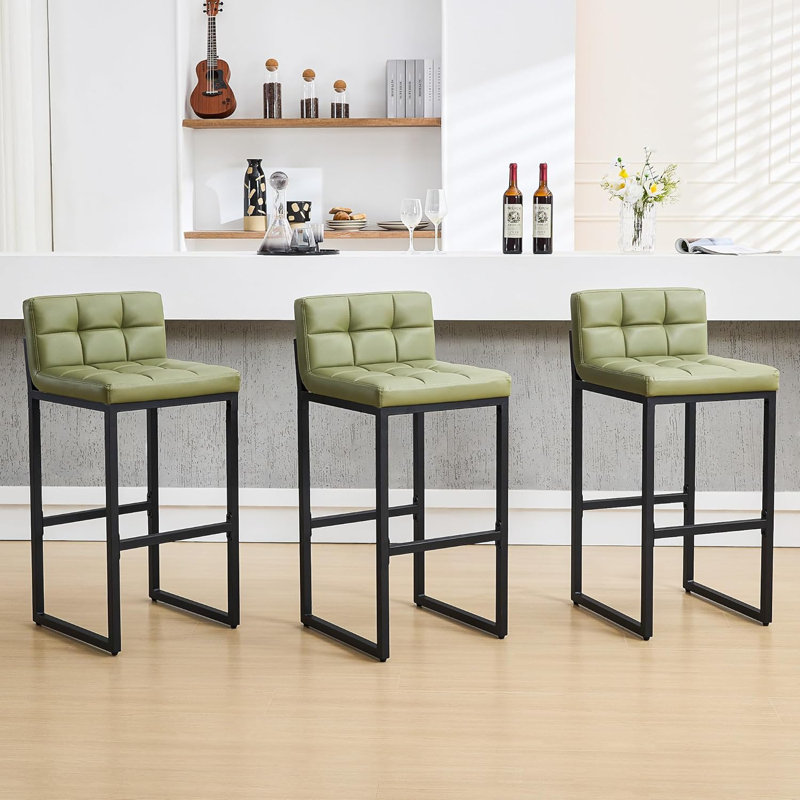 Tabouret de bar rembourré à dossier bas avec structure en métal épaissie pour îlot de cuisine, 3, Vert