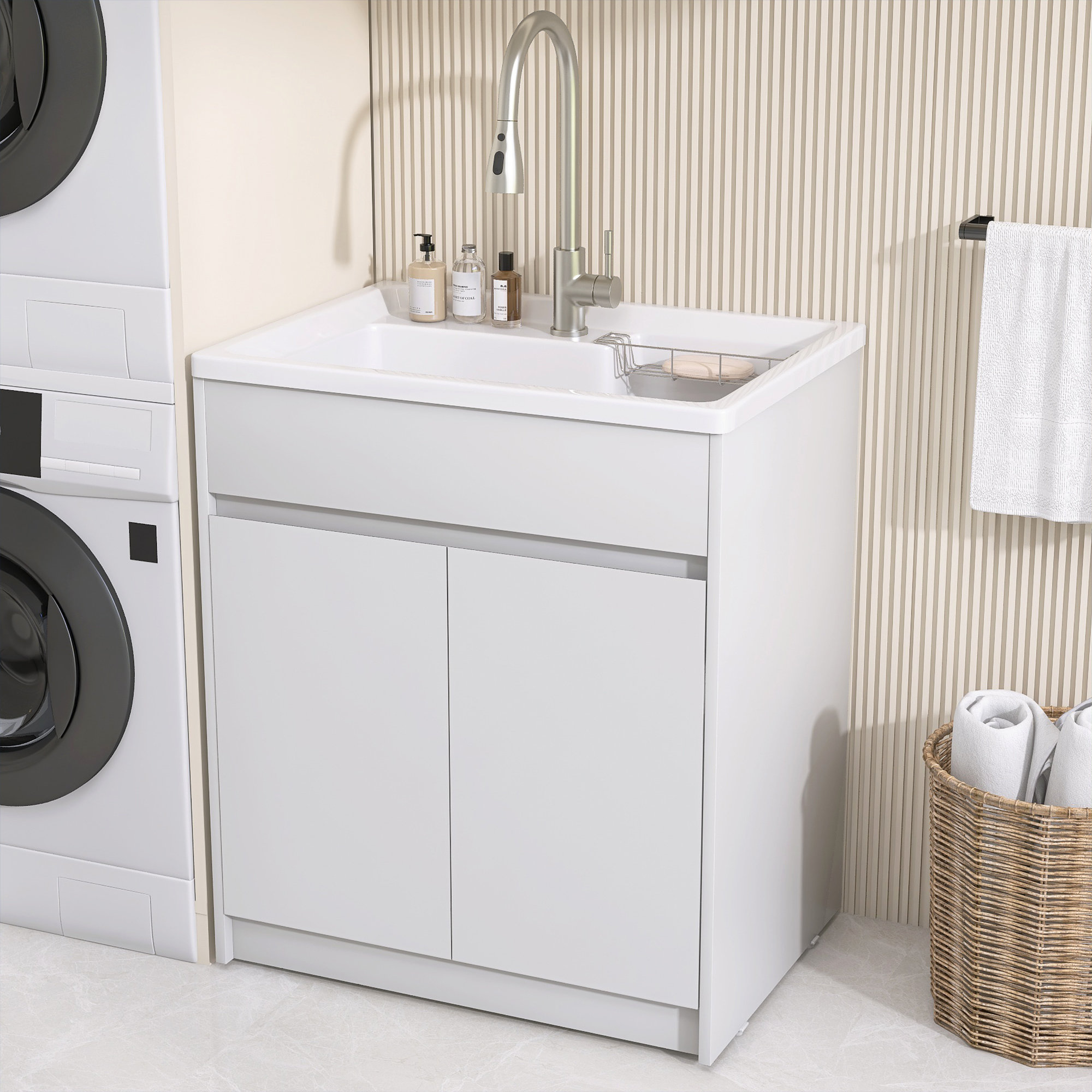 NTQ 30 in. Solid Surface Laundry/Utility Sink & Cabinet with Stainless Steel Faucet