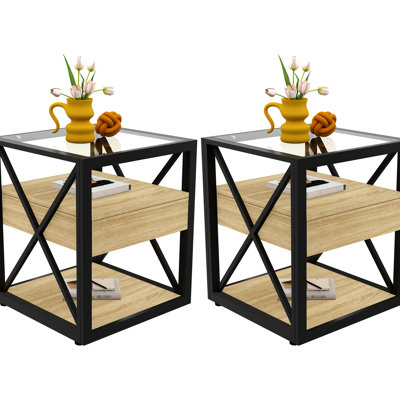 Moderne de 2 tables de bout de salon et de chambre à coucher avec tiroir, table de chevet, bois naturel, plateau en verre trempé, rangement étagé et table de chevet à économie d'espace pour la chambre, table d'appoint industrielle