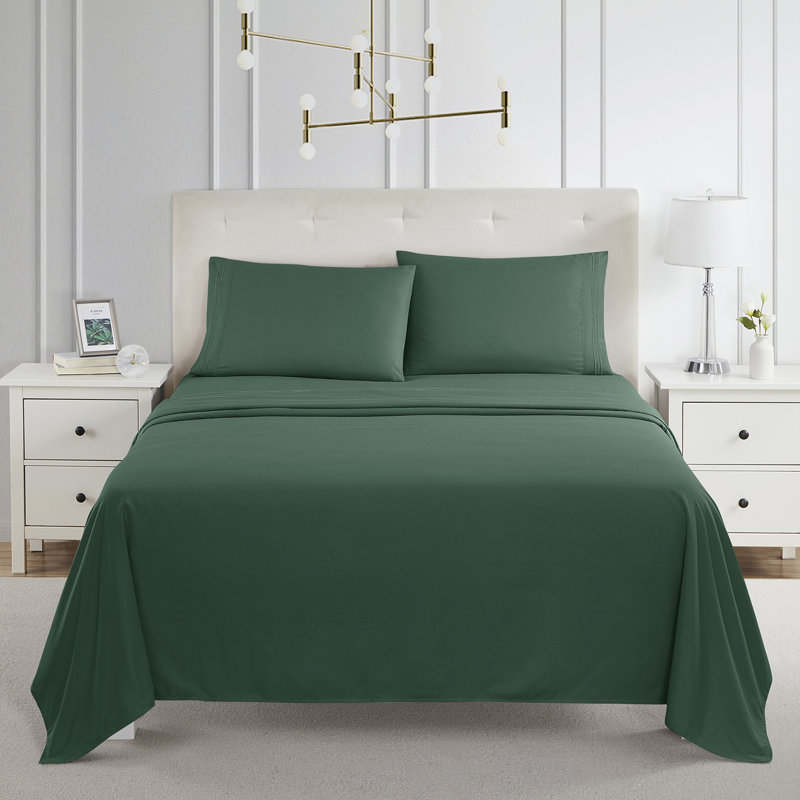  Ensemble de draps double brossé de luxe pour hôtel avec draps et taies d'oreiller très doux, Vert chasseur, Grand