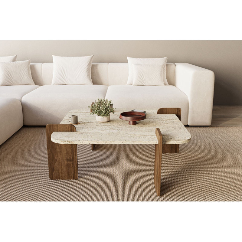 Table basse moderne, finition travertin et noyer, 35,4 po x 13,8 po x 35,4 po | Panneau de particules 100% enduit de mélamine, peut supporter jusqu'à 77 lb | Design élégant et fonctionnel, parfait pour le salon et les espaces contemporains