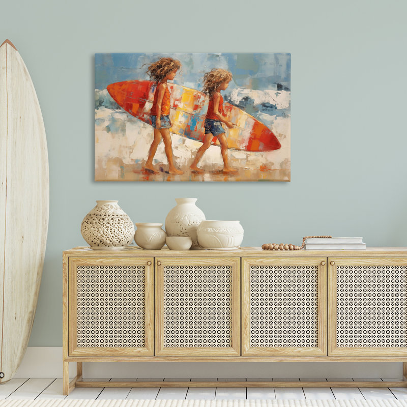 «Kids with Surfboard», art mural sur toile par Petal Prints Design, H 30 po x l 45 po