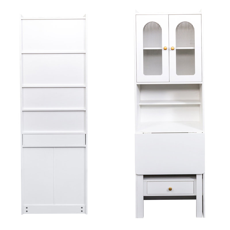Multi-Function Desk Cabinet Fold-Out Convertible Writing Table With Shelves And Drawer, White