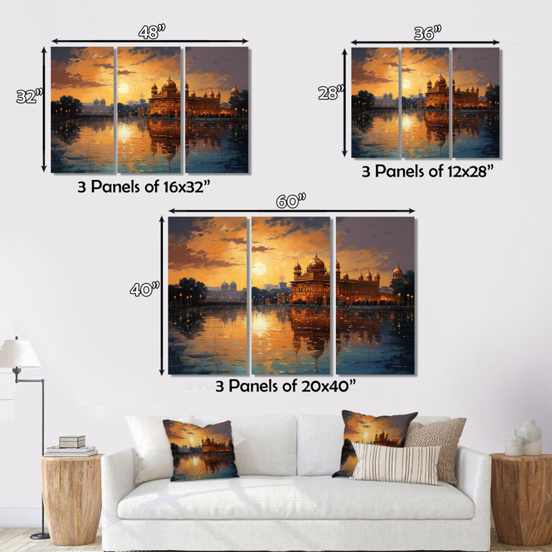 «Hinduisim Golden Temple II» sur toile, reproduction de 3 pièces, H 28 po x l 36 po x P 1 po