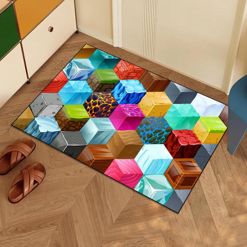 Ice Games Pixel Rug For Teen - 60"X40" Non - Slip Cube Block Game Mat For Bedroom, Bathroom, Living Room & Playroom