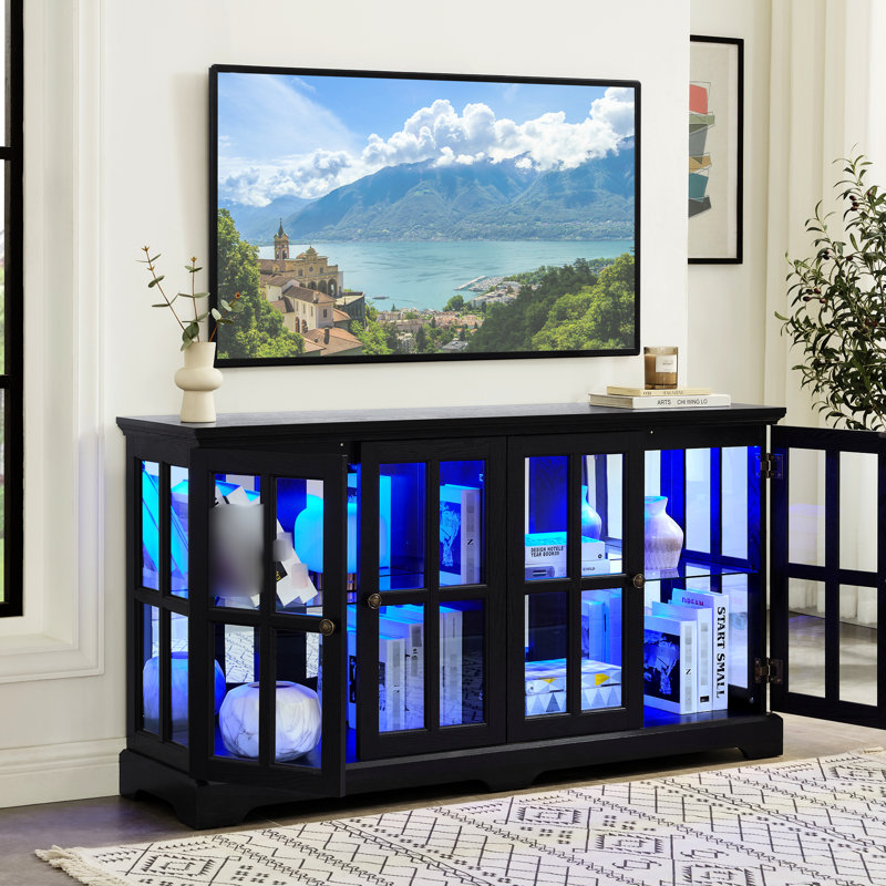 Four - Door Led Black Glass Antique Cabinet, Adjustable Shelves, 7 Color Lighting, Acrylic Back Panel Display Case With Remote Controlled Led, And Vintage Wood Finish
